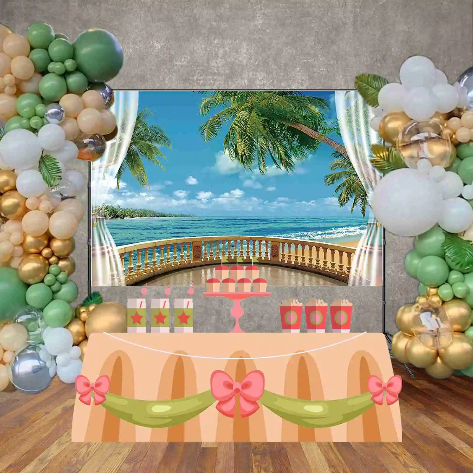 Moon.qg ฤดูร้อนสีฟ้าชายหาดพื้นหลังวันเกิดผู้ใหญ่ผู้หญิงต้นปาล์มใบฉากหลังริมทะเลงานปาร์ตี้ที่กำหนดเอง