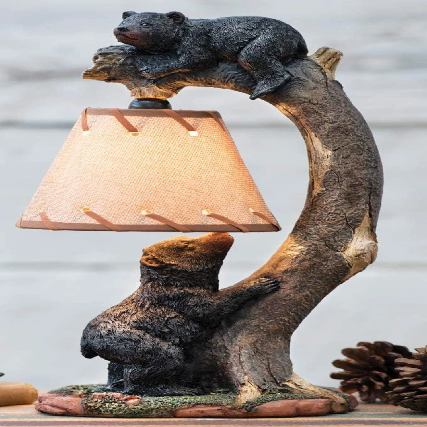 Ebros Whimsical Playful Climbing Black Bears On Bending Tree   Lamp Statue with Hanging Burlap Shade 15.75" High Wildlife Ru