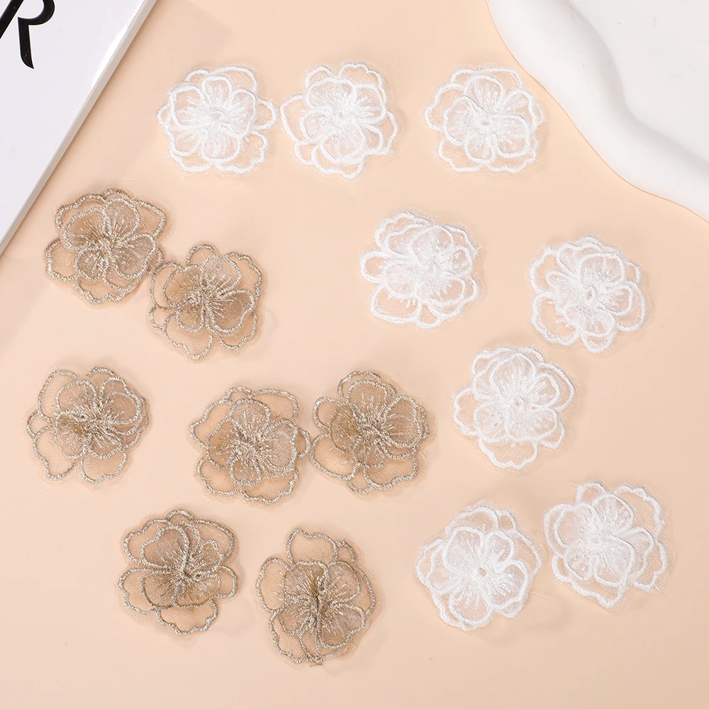 10 Pcs Gold And White Embroidered Flower Patches DIY Wedding Dress Accessories 4CM Wide