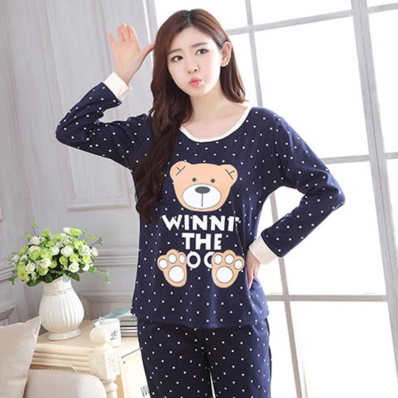 2 Pieces Women Pajamas Suit Cartoon Cat Print Girl Sleepwear Long-Sleeved Trousers Pyjamas Set Round Neck Home Clothes Nightwear