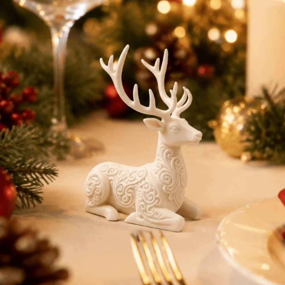 3D Printed Christmas Sitting Deer Statue Vintage Swirl Realistic Small Deer Desktop Ornament Lying-Posture Simple