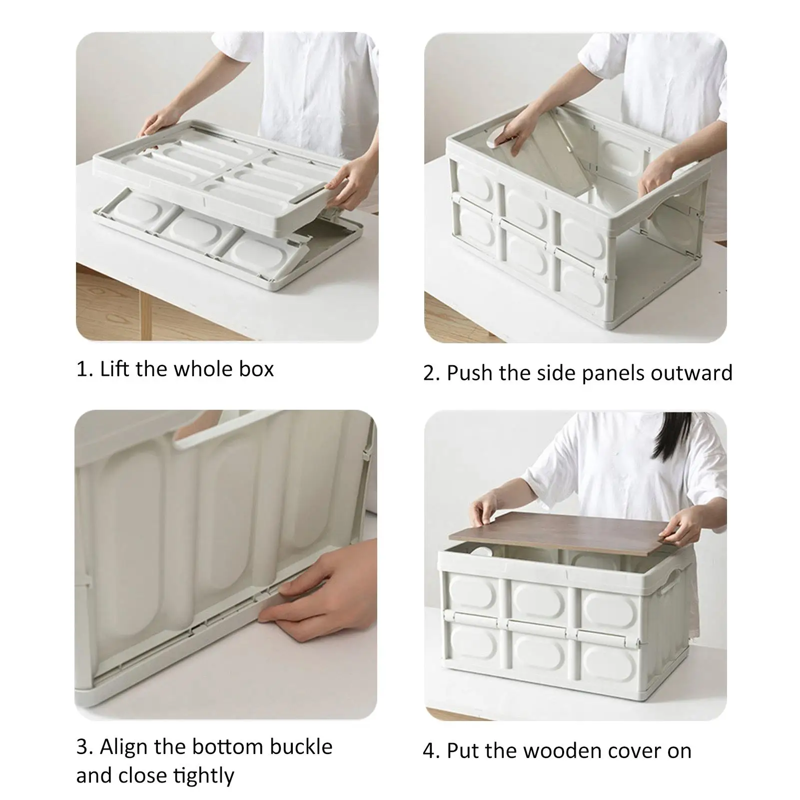 30 لتر لصندوق تخزين قابل للطي متعدد الوظائف للاستخدام الخارجي، حاوية تخزين محمولة قابلة للإزالة مع سطح خشبي للاستخدام الخارجي باللون الأبيض