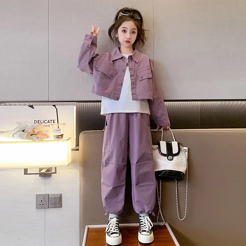 

2023 Korean Spring Autumn Girl Children's Top And Bottom Set Junior Girl Single-breasted Coats+Cargo Pants Child Girl 2pcs Suit