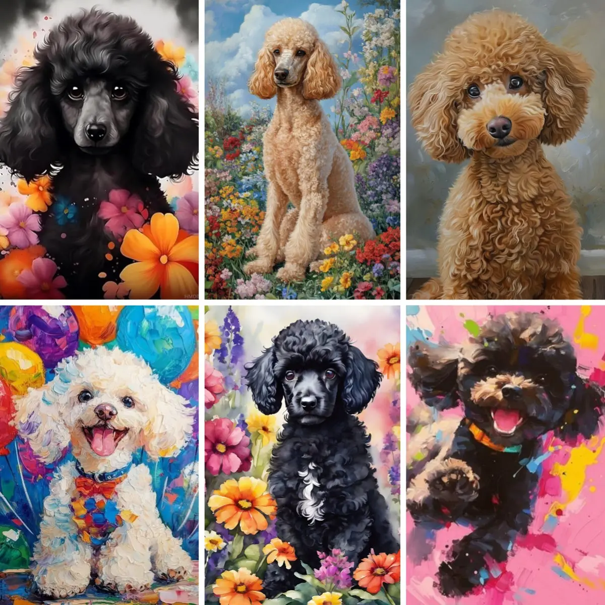 DIY Diamond Painting Colorful Black Poodle Full Square Round Drill Impressionist Oil Painting Apricot White Teddy Diamond Mosaic