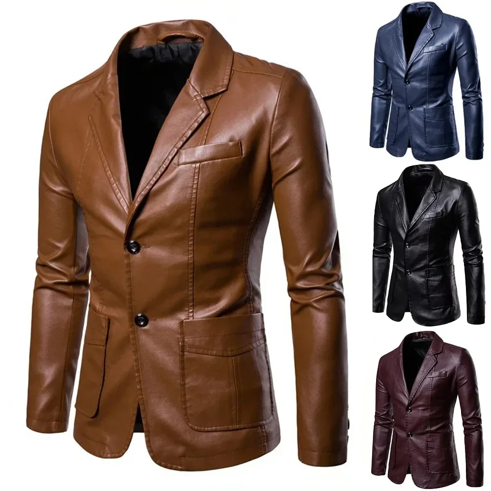 

Spring Autumn New Men's Leather Jacket Fashion Lapel Windbreak Solid Color Stylish Outwear Slim Fit Motorcycle Streetwear