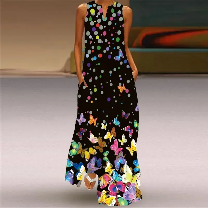 

Casual beach style fashion women's butterfly decorated print dress ankle-length V-neck sleeveless sundress