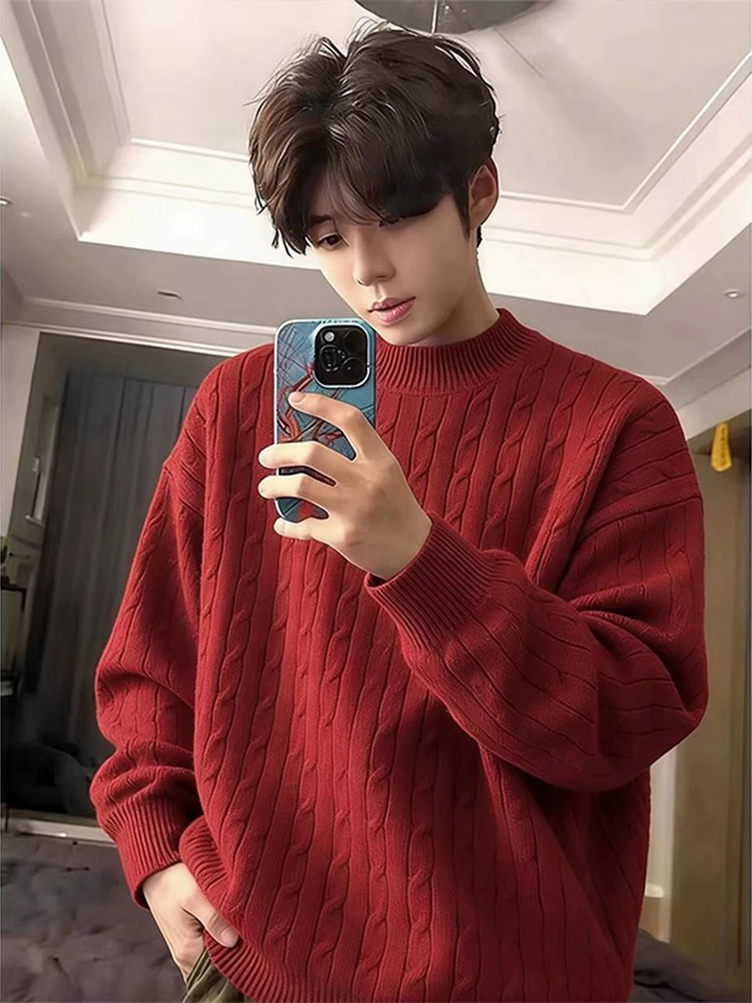 

Красный вязаный свитер для мужчин: мягкий, уютный, зимний, модный, базовый слой для Нового года, свободный крой, длинный рукав, круглый вырез.