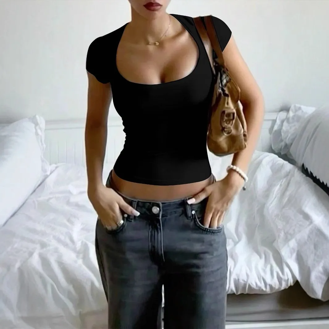Pullover Short Sleeve Top Slim Fit Streetwear with Travel T Shirt Beach Crop Top Cropped Length Cropped U Neck Party for Women