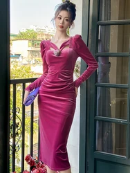 Elegant Prom Dresses Women's Sweet Sexy Purple Velvet Flower Hollow Out Bodycon Robe Evening Cocktail Party Vestidos Formal