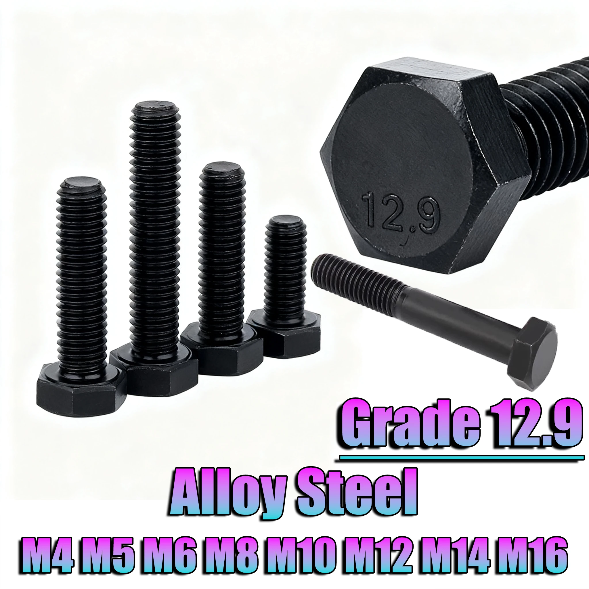 

External Hex Hexagon Head Screw M4 M5 M6 M8 M10 M12 M14 M16 Black Alloy Steel Grade 12.9 Half Tooth Full Tooth Extension Bolt