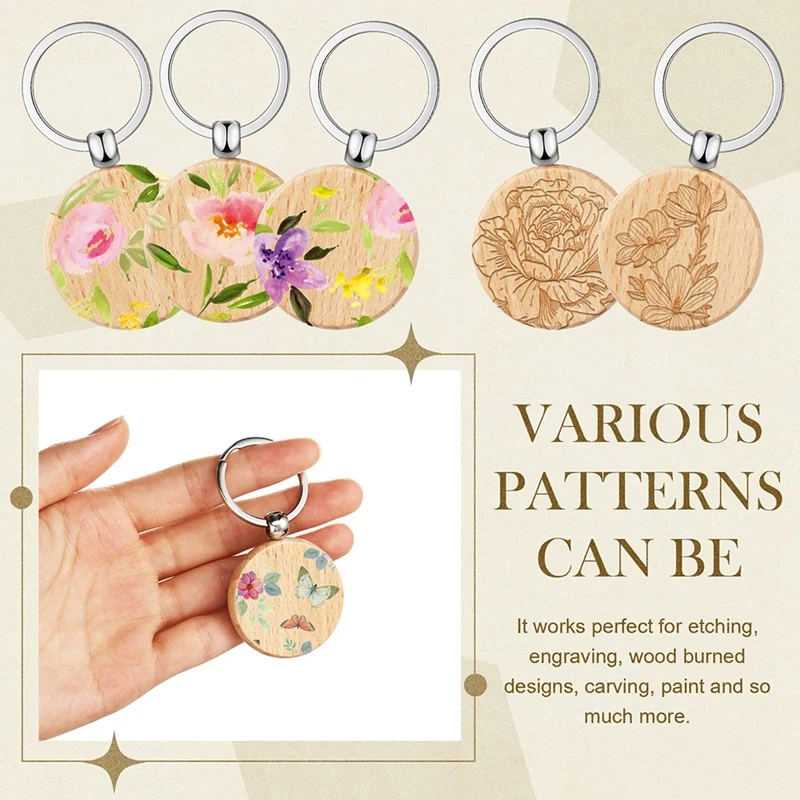 100 Pcs Blanks Unfinished Wooden Key Ring Key Tag DIY Keychain For DIY Crafts(Round+Rectangle)