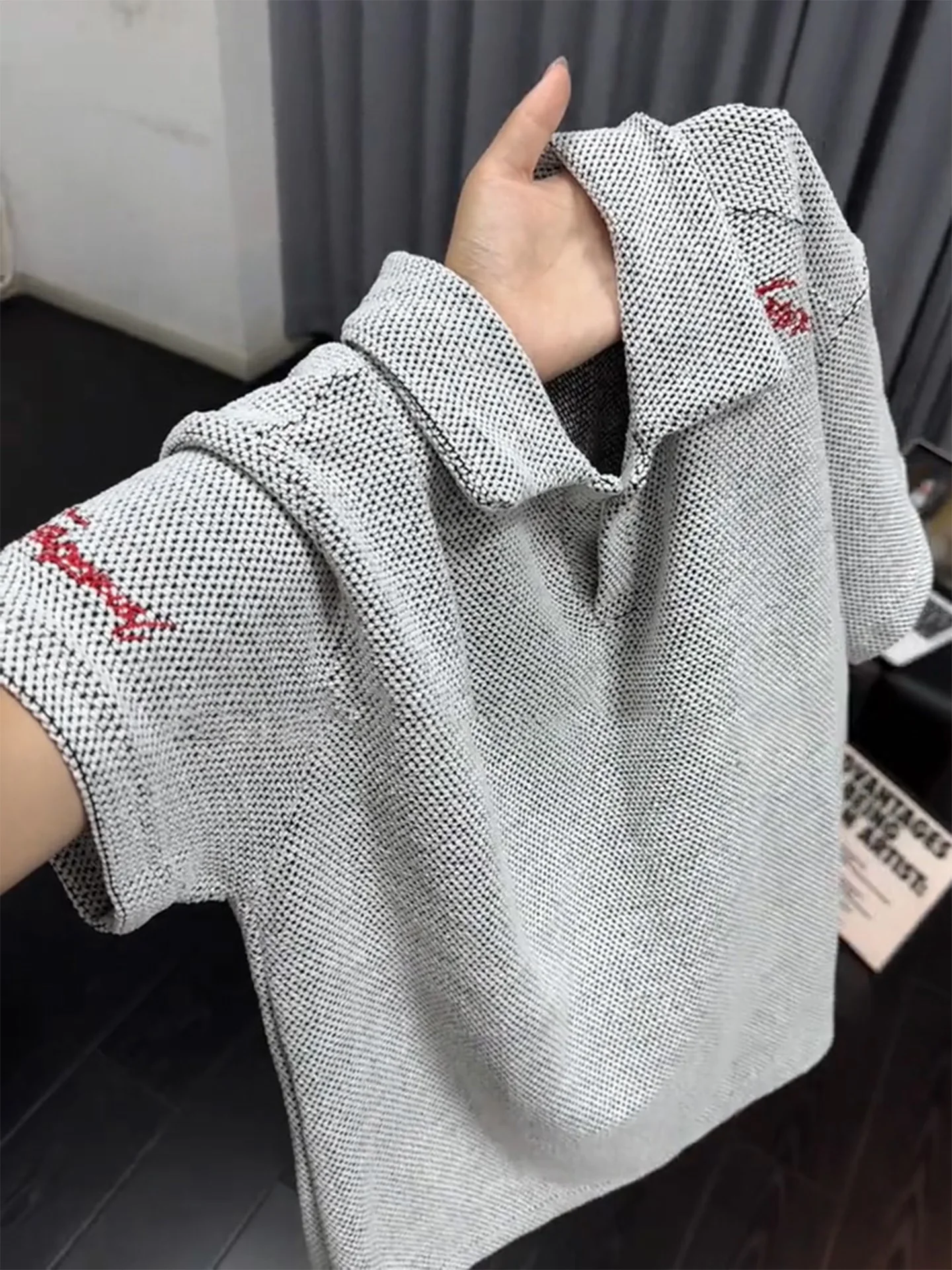 Dragon Scale Texture Embroidered  Shirt Men's Short Sleeve Summer Thin Breathable Knitted T-Shirt Loose Shoulder Half Sleeve