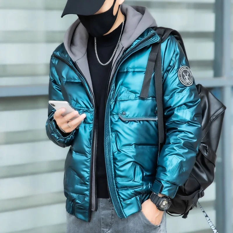 Men's  New Fashion Bright Face Parkas Wash Down Jacket Trend Overcoat Loose Hooded Keep Warm Jacke Hot Bread Coat Men Outwear