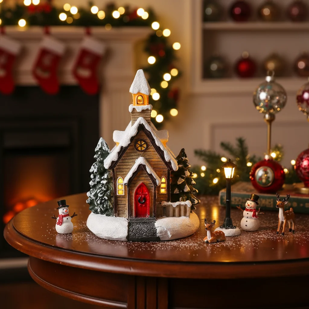 LED Light Up Resin Christmas House Mini Decor with Warm Glow Vintage Tabletop Ornament for Xmas Tree Home Scene