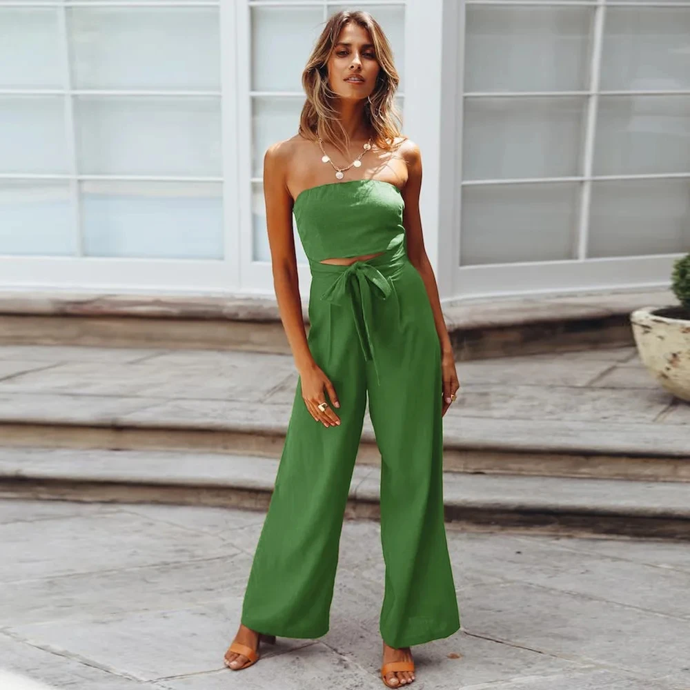 2024 Summer Lady Jumpsuit Casual Off Shoulder Sleeveless Plus Size Cut Out Belted Wide Leg Rompers Women Jumpsuit