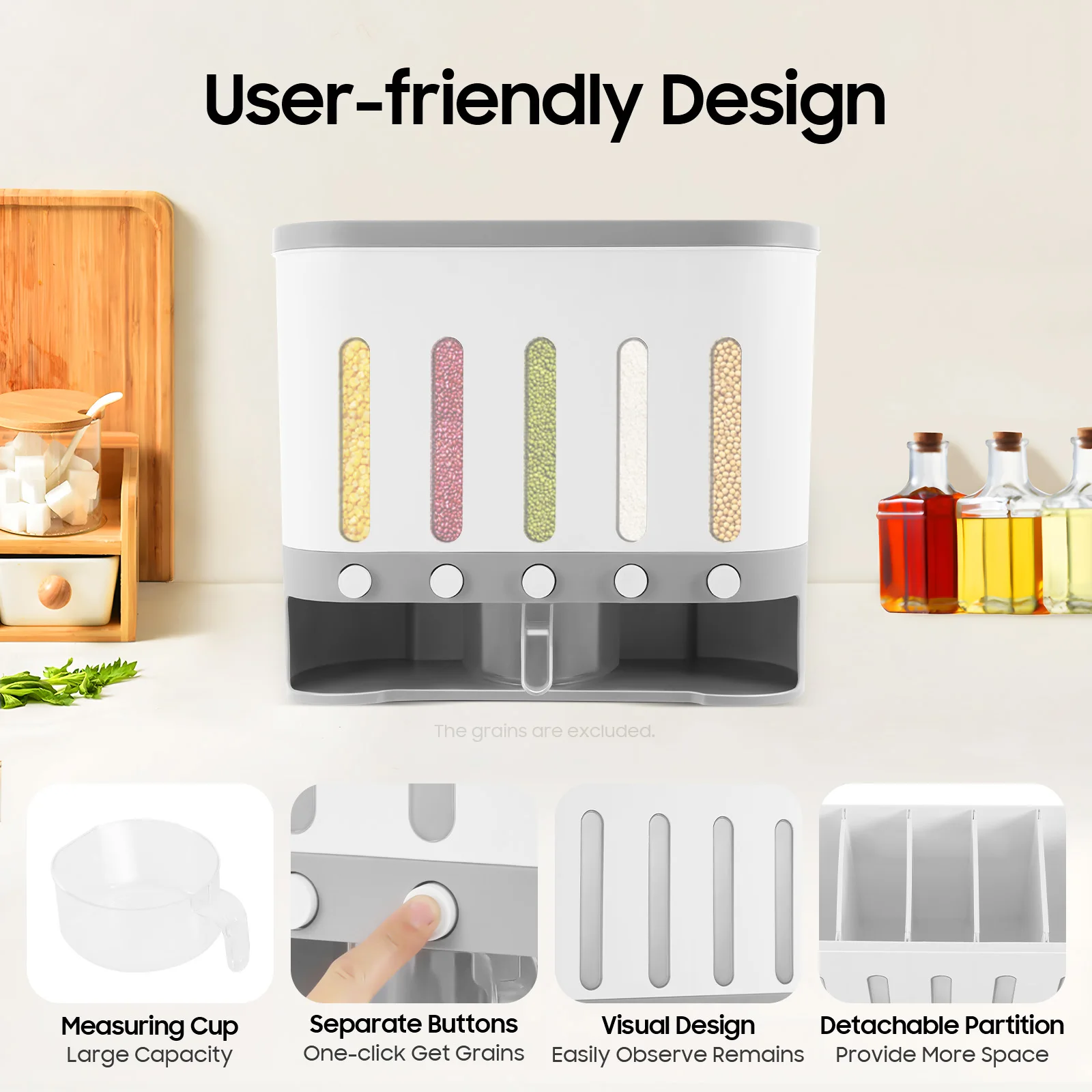 

Dry Food Dispenser Container With 5 Partitions Kitchen Rice Storage Barrels