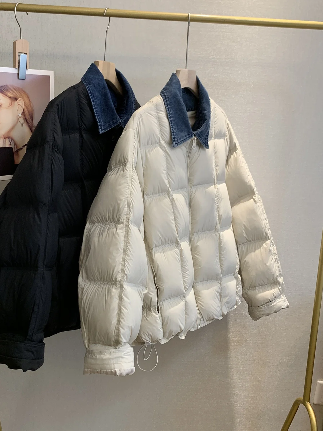 

Повседневная свободная джинсовая куртка-пуховик с пэчворком для женщин, зимнее пальто с 90% пуховым наполнителем, верхняя одежда