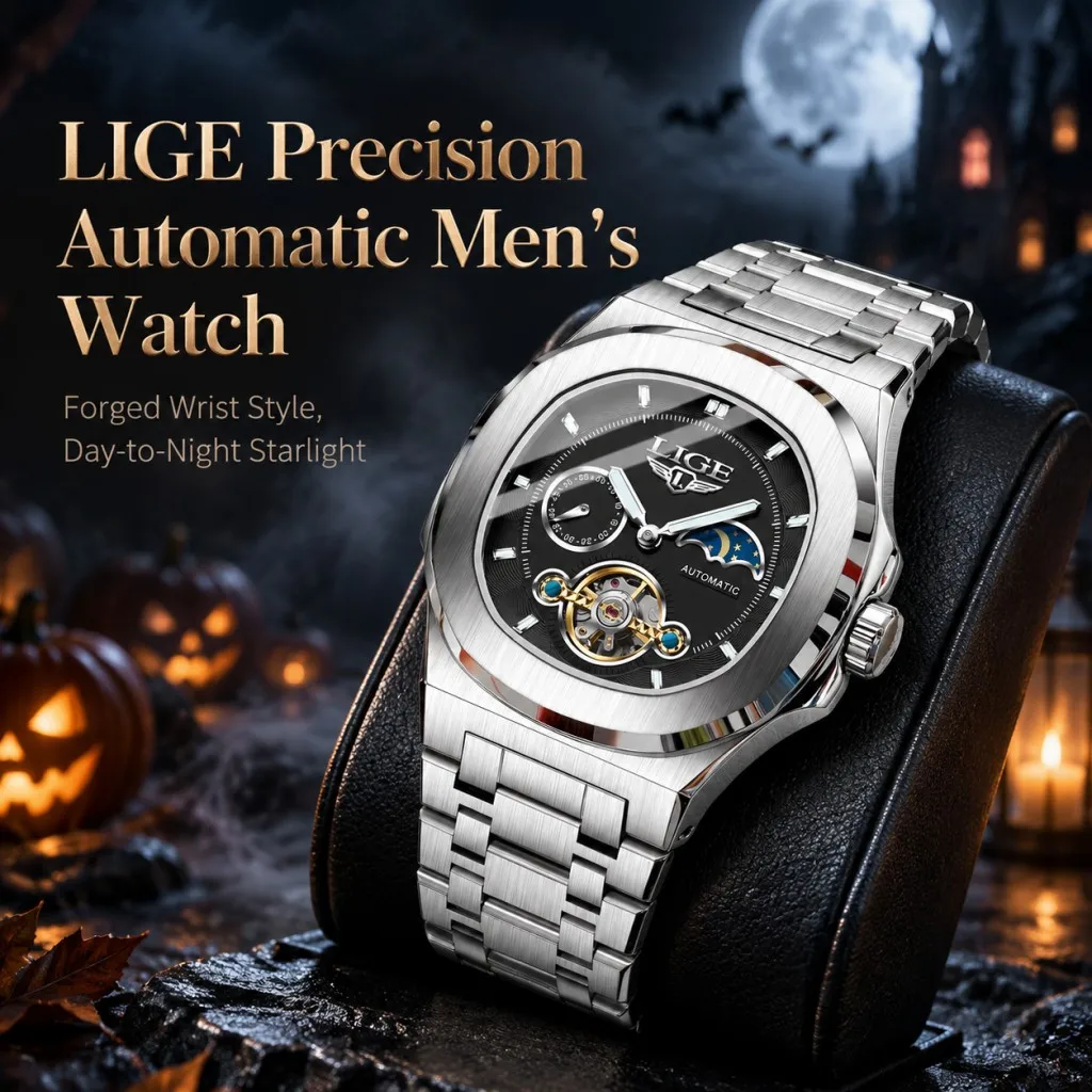 LIGE Square Men Mechanical Watches Top Brand Luxury Automatic Watch For Men Waterproof Stainless Steel Clock For Halloween Gifts