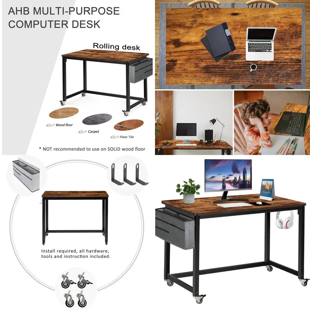 

Contemporary 39 Brown Rolling Desk with 4 Smooth Wheels for Home Office and Study, Mobile Writing Workstation