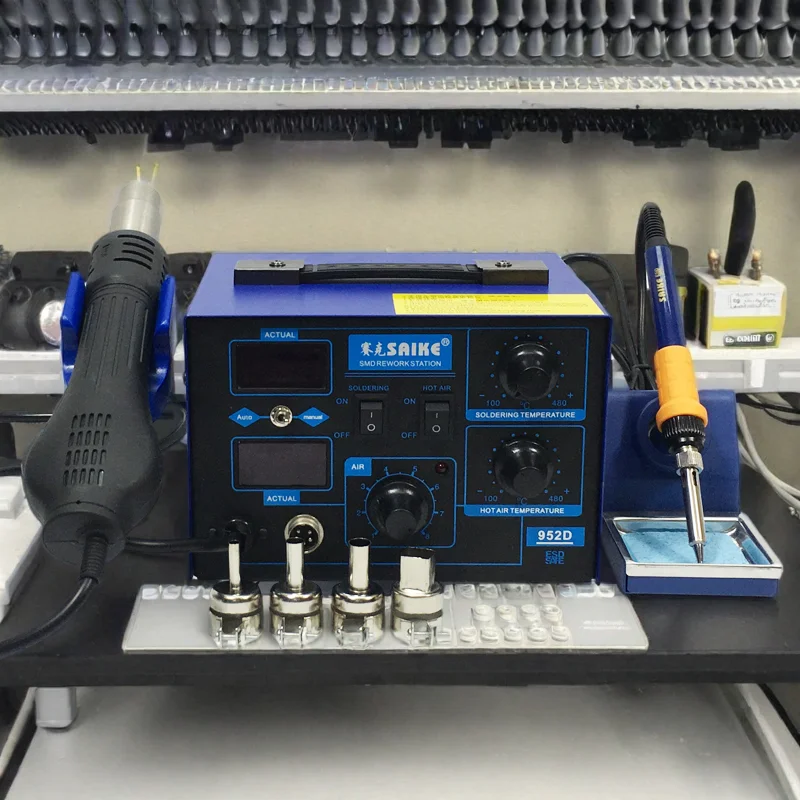 Saike 952D Hot Air Gun Station 220V 110V Heat Gun Soldering Iron Station 2 in 1 900M tip BGA Rework soldering station Kit Holder