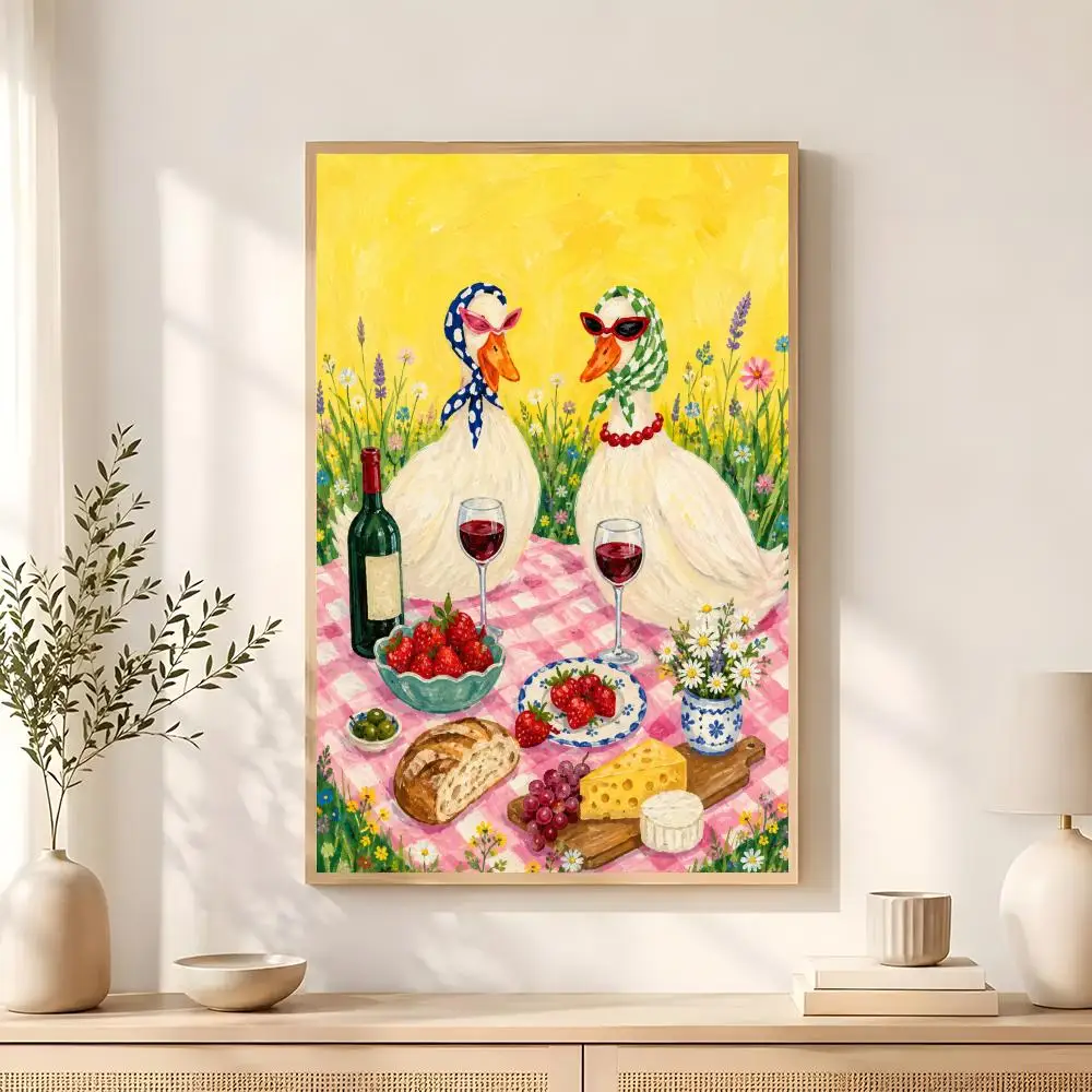 Retro Duck Wine Party Poster Wall art poster artistic painting for living room home decoration  also ideal as a gift