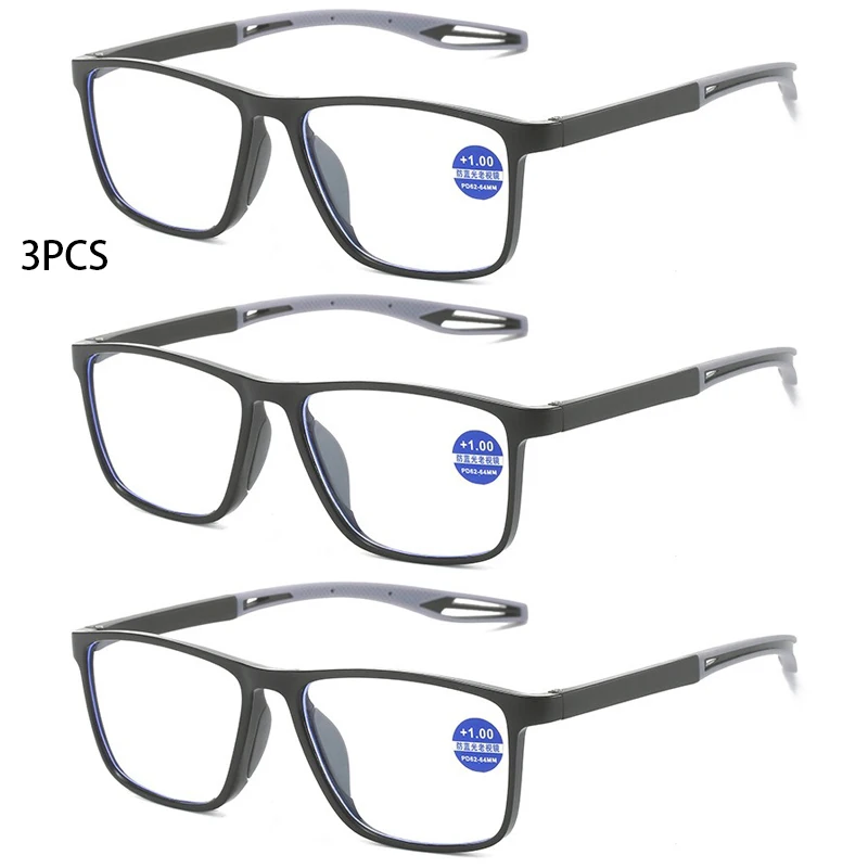 3PCS Mode TR90 Lesebrille für Männer Frühling Bein Sport Presbyopie Brille Anti Blaues Licht Gläser + 100 ~ + 400