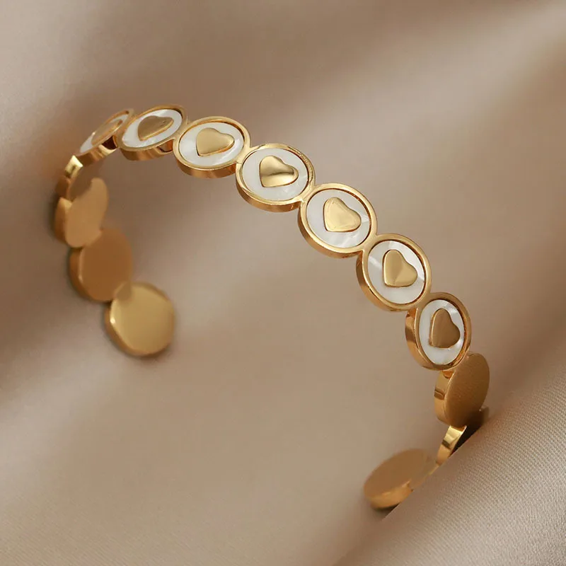 

White Shell Love Heart Stainless Steel Cuff Bracelet Bangle for Women Gold Plated Waterproof Jewelry Mother's Day Gifts
