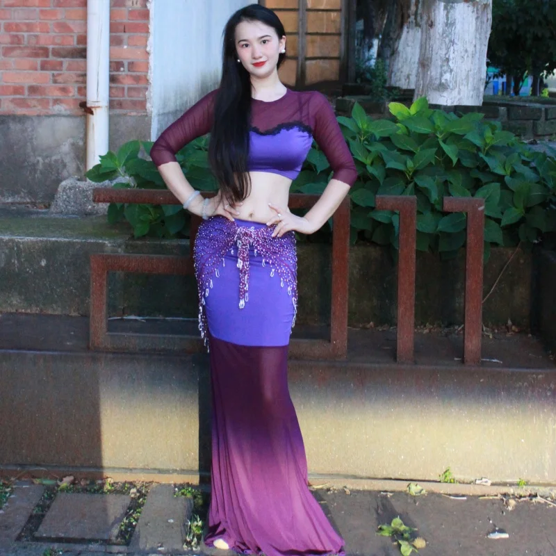 

2025 New Belly Dance Costume Set Women's High end Sexy Mesh Splicing Set Adult Oriental Dance Professional Practice Clothes