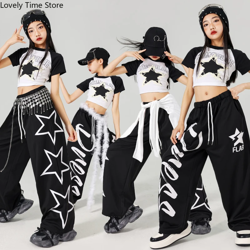 

Hip Hop Girls Star Crop Top Joggers Pants Clothes Set Kids Streetwear Short Sleeve T-shirt Child Jazz Street Dance K-pop Costume