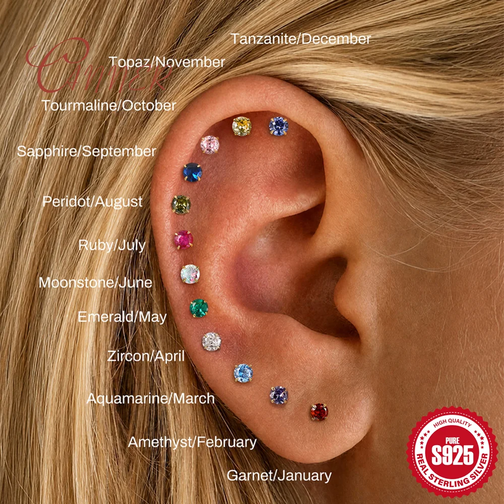 CANNER Pendientes de botón para piercing de nariz de plata de ley 925 con circonita cúbica multicolor de 12 meses, parte trasera plana y rosca interna, joyería de cumpleaños 0.2