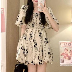 Women Summer Vintage Printed Square Collar Short Sleeve Casual Dresses Female Korean High Waist Sweet Chic Slim Beach Mini Dress