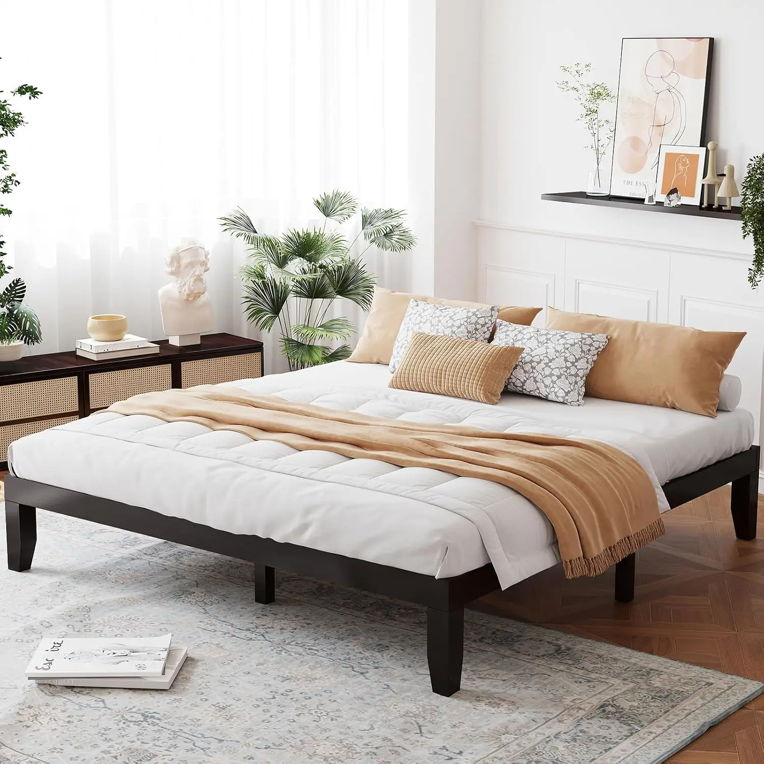 14 Inch King Wood Platform Bed Frame, Minimalist Style Mattress Foundation with Solid Rubber Wood, Heavy Duty Slat