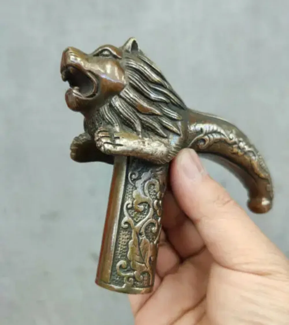 Chinese Old Bronze Hand Carved Lion Statues Antique Cane Walking Stick Head