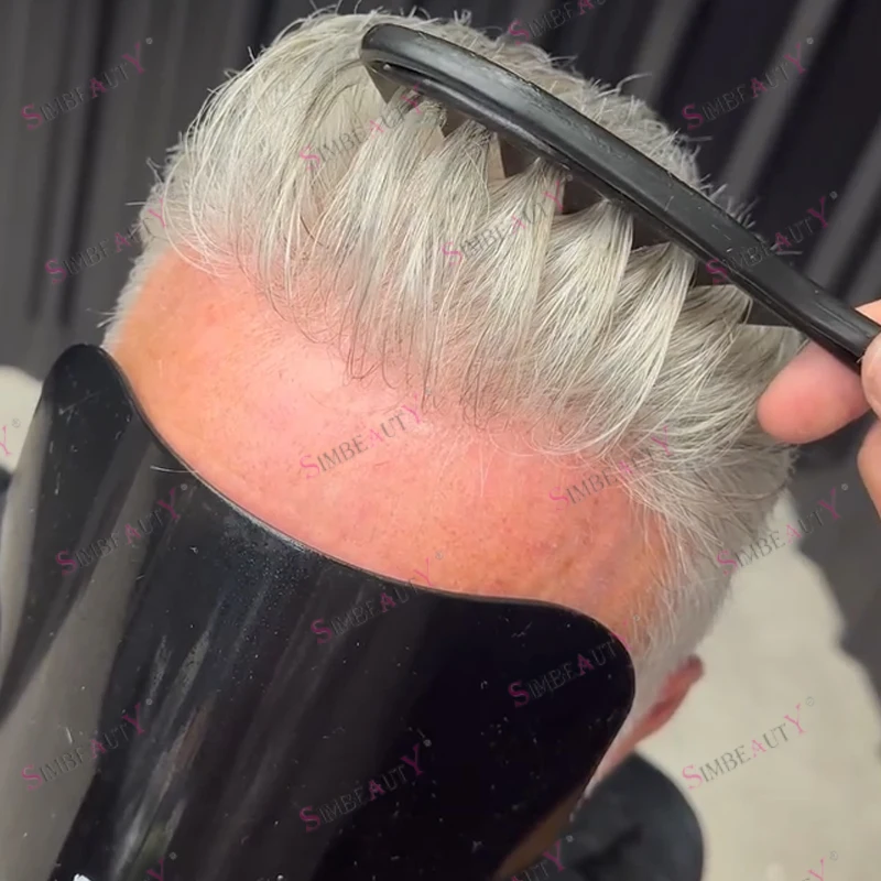 شعري طبيعي واقعي 80 كثافة أبيض أشقر رمادي بني أسود مايكرو رقيقة الجلد قاعدة الرجال الشعر المستعار الرجل العجوز نظام الشعر البشري