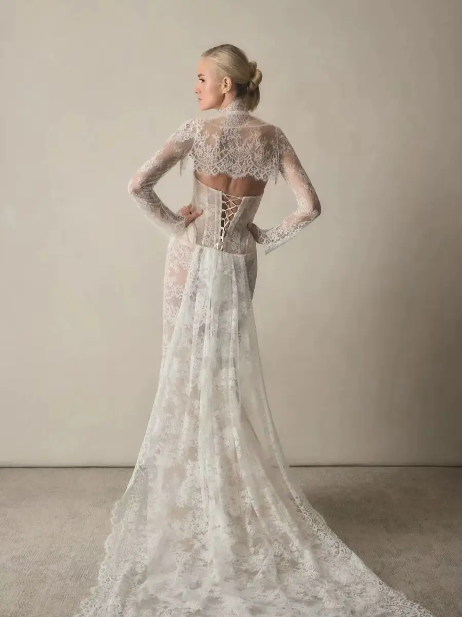 Off Shoulder Feather Tulle Wedding Dress Puff Long Sleeve A Line Bridal Gown Back Lace Up Boho Wedding Dresses For Women Bride