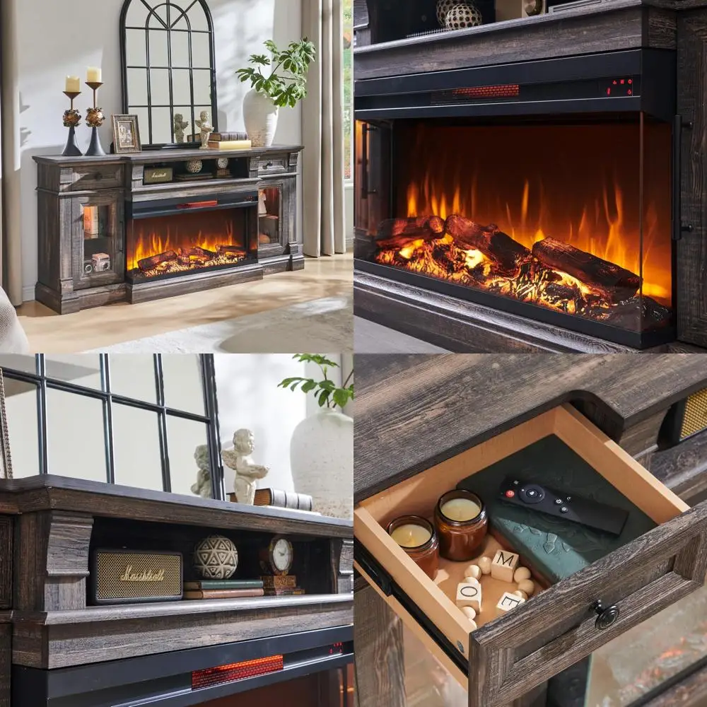 

70-inch Fireplace TV Stand with 36-inch 3-Sided Glass Electric Fireplace and LED Lights, Modern Farmhouse Style Entertainment Ce