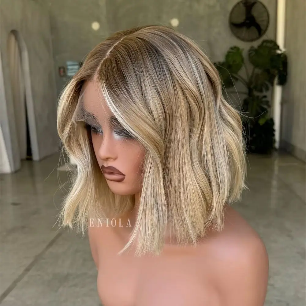 Glueless Preplucked Hairline 13x4 Free Part Ombre Golden Blonde Women Wig Synthetic Soft HD Lace Frontal Wig Short Wave Bob 12''