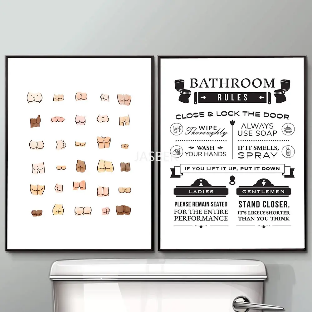 Sexy Butts Collage Bathroom Funny Bathroom Sign Canvas Prints and Poster Rules Quotes Art Painting Wall Picture Toilet WC Decor