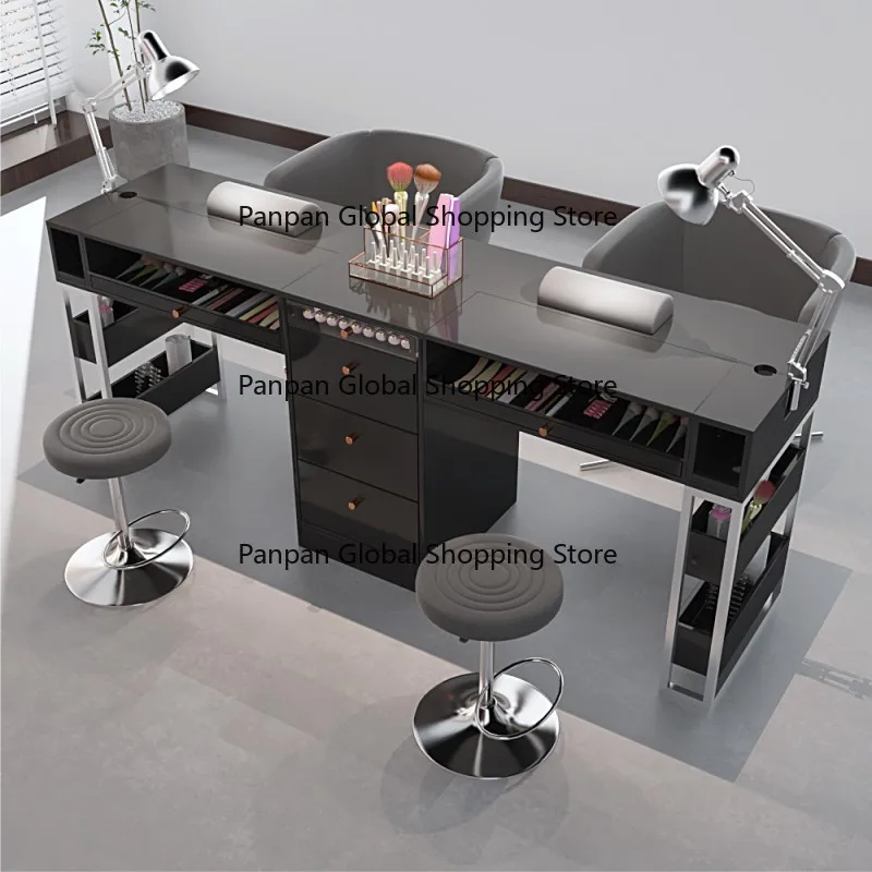 Best-Selling Modern Double Nail  Station Wooden Salon Desk Dust Collector Eco-Friendly Customizable for Mall Use