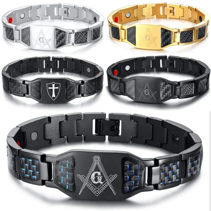 Black Magnetic Bracelet Men 316L Stainless Steel Hand Chain Masonic Health Punk ID Bracelets Carbon Fiber Dropshipping
