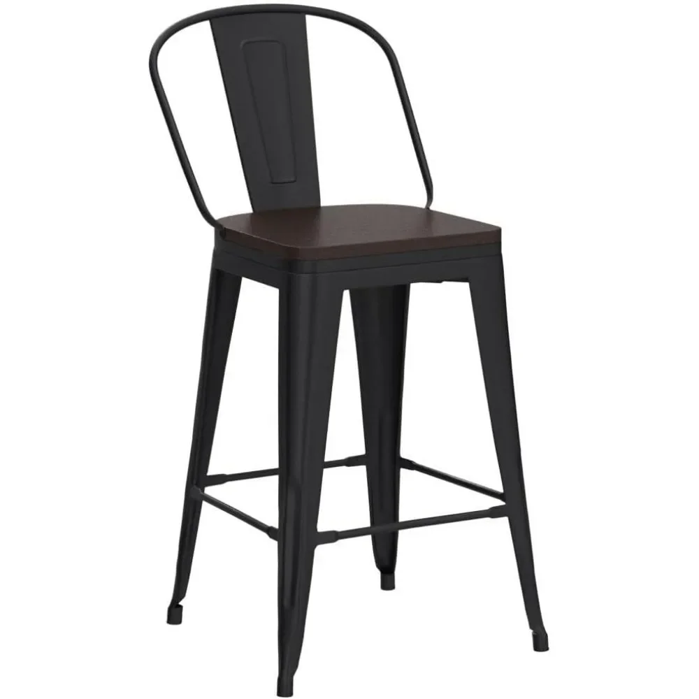 Metal Bar Stools Set, banquetas com Costas, Contra Altura, Quinta, assento maior, Costas altas, 4 em, 24 em