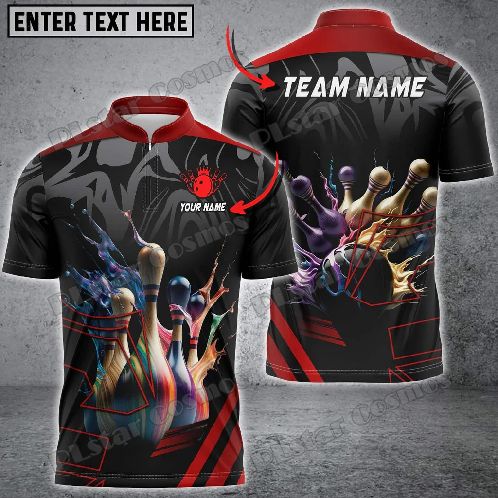 Bowling Ball & Pins Fire Light Sport Jersey Personalized Name 3D Printed Fashion Men's Zip Polo Shirt Summer Casual Shirt POL232