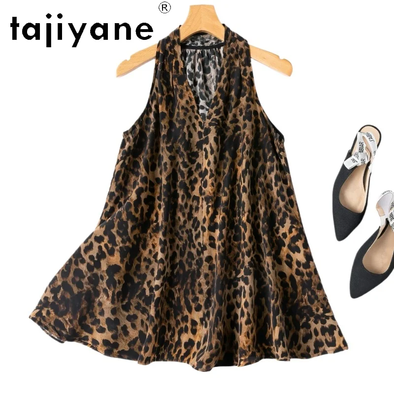 TAJIYANE 100% Mulberry Silk Women's Tanks Leopard Print A-Line Vest V-Neck Sleeveless Summer Tops for Woman Clothing 2026 корсет