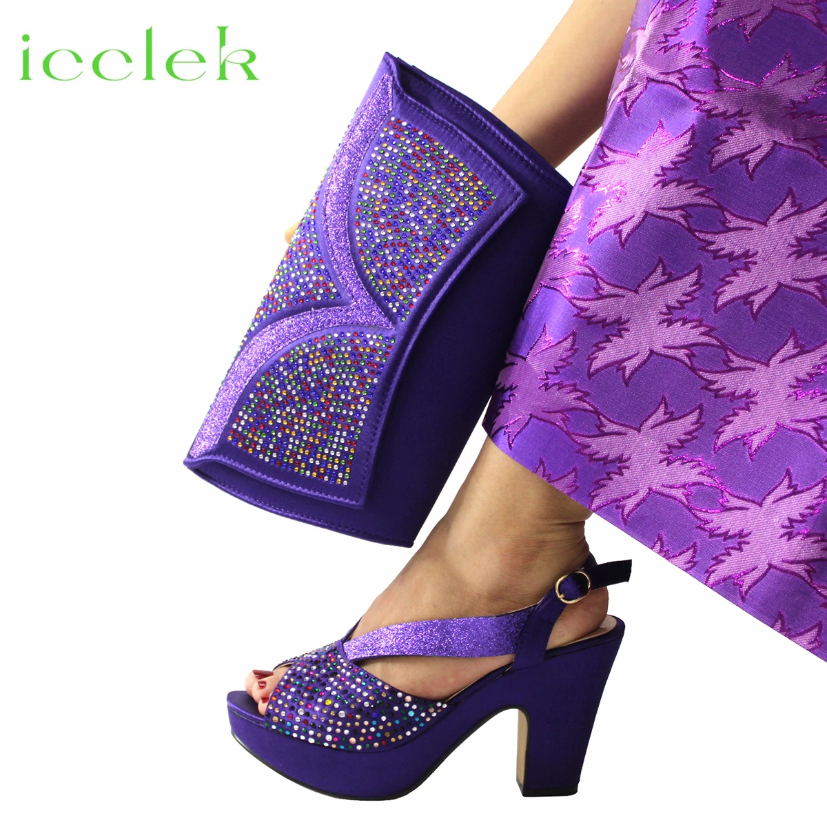 Purple Color 2023 New Design African Women Shoes and Bag Set Peep Toe with Shinning Crystal for Wedding Party