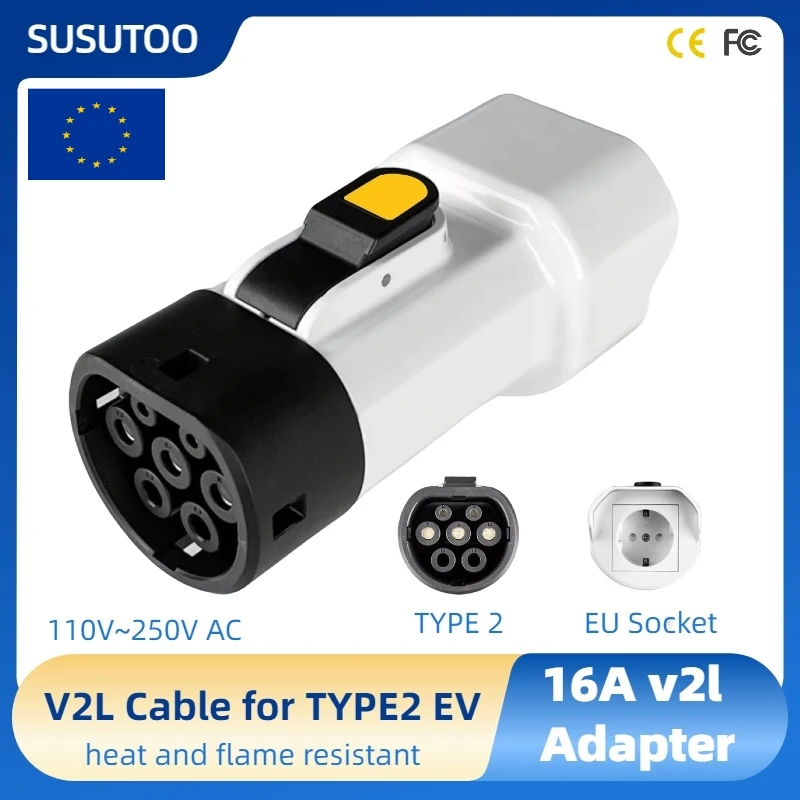 V2L Discharger Schuko Plug V2L Vehicle to Load Type 2 Support MG BYD KIA Discharge For Type2 Car Discharge 16A EV Cable Adapter