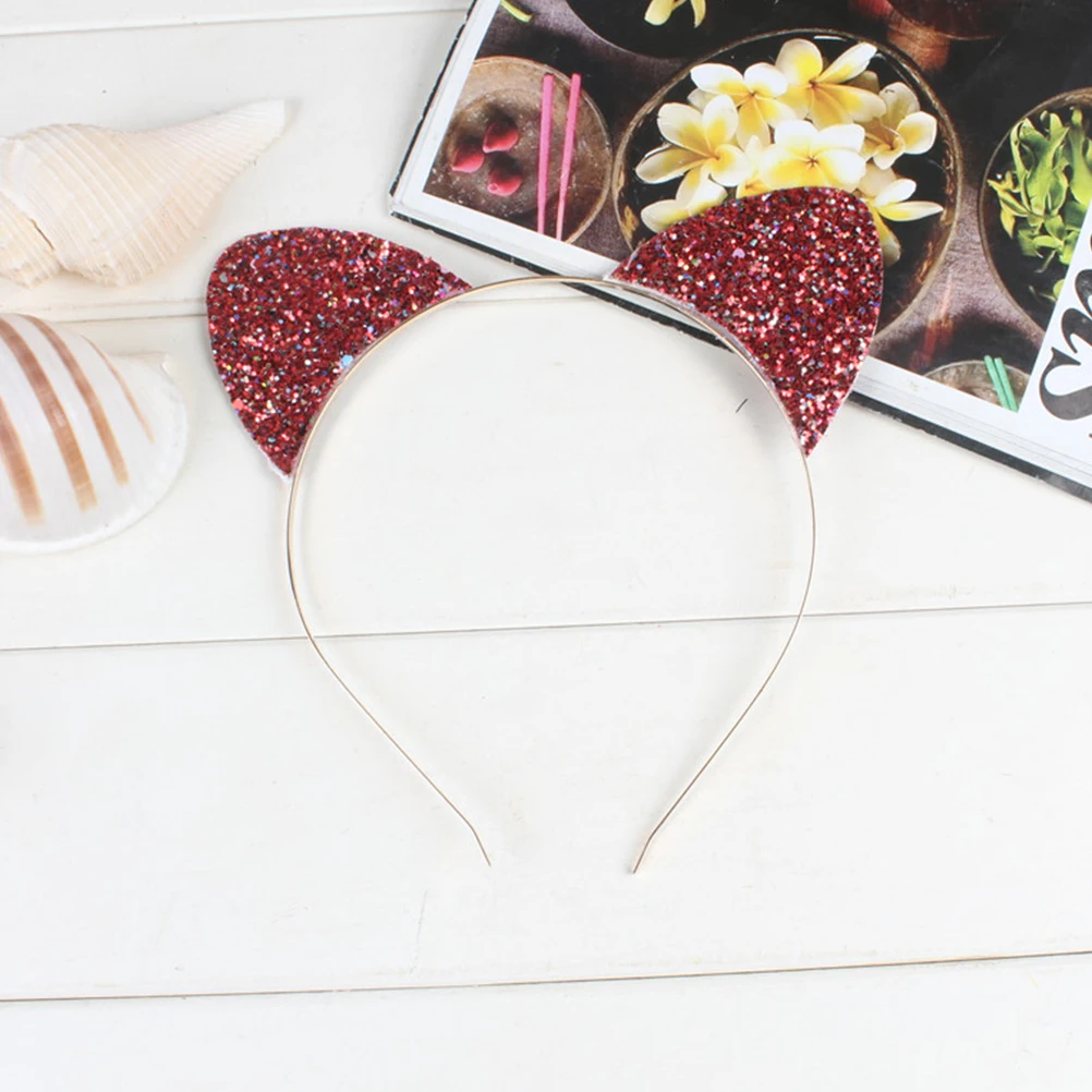 

6pcs Cat Ear Hair Headbands Shimmering Party Hairband For Cosplay Lightweight Sequin Decorative Band (Red Blue Black Gold Silver