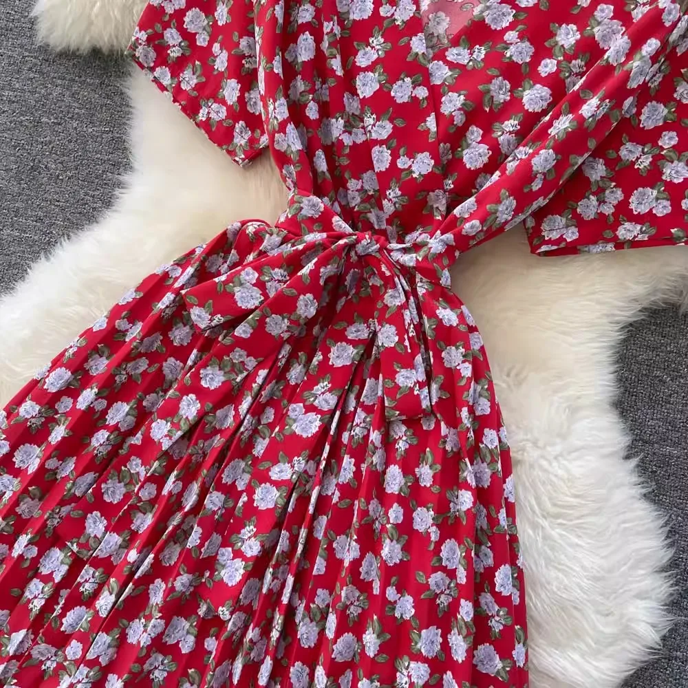 YuooMuoo Chic แฟชั่นดอกไม้พิมพ์ชุดสตรี 2025 ฤดูร้อน SASH BANDAGE จีบชุดเลดี้ชุด Vestidos Robe Femme