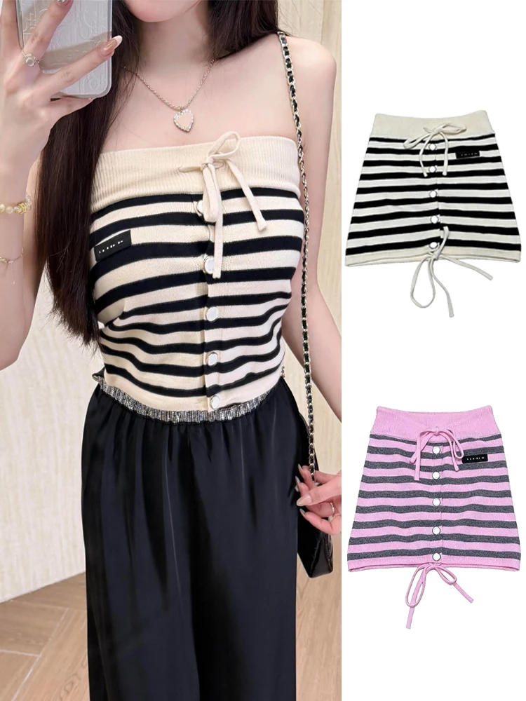 

High-Waist Striped Knitted Tube Top with Sash Inner Wear Short Style Korean Version Summer New Arrival Women's Fashion