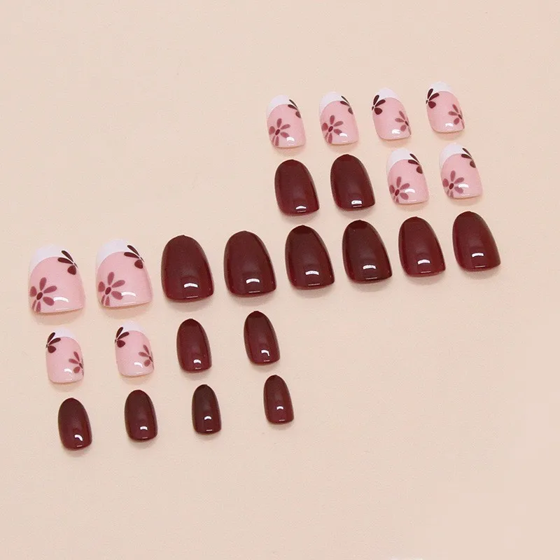 Press On Nails Chocolate Colored Almond Nail Plates Flower Petals Creative Personality Fake Nail Trend