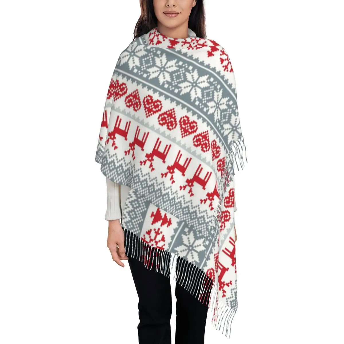 Women's Tassel Scarf Christmas Reindeer Heart Single-sided Pattern Warm Shawl and Wrap Nordic Snowflake Deer Pashmina Scarves